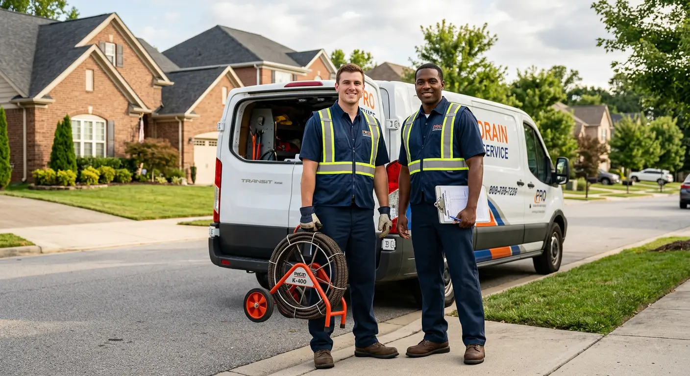 Sewer and drain service team with equipment ready for work in Concord