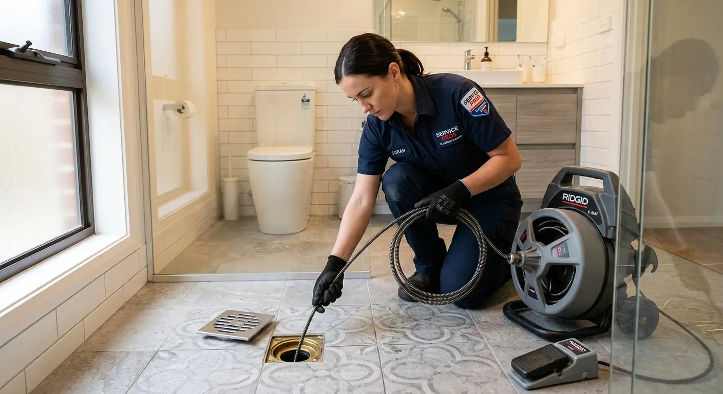 Technician clearing a bathroom floor drain for Sewer Line Installation in Concord